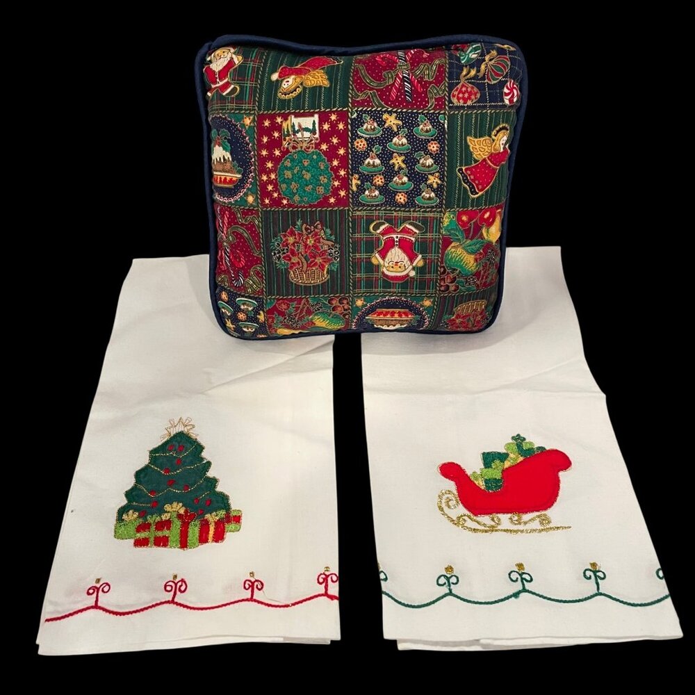 Festive Christmas Pillow & Embroidered Holiday Tea Towels Set